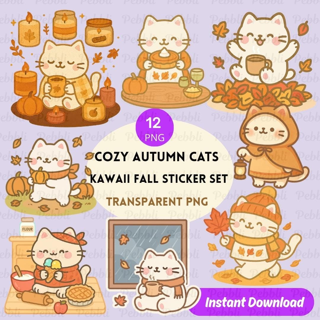 Autumn Cat Clipart PNG – Fall Sticker Bundle for Planners, Scrapbooking ...