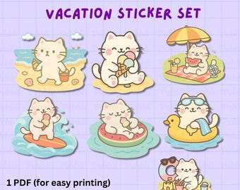 Kawaii Summer Cat Clipart, Beach Vacation Stickers (PNG, PDF Downloadable Files)