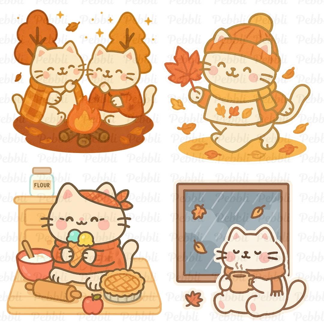 Fall Cat Stickers Autumn Cat Clipart PNG – Fall Sticker Bundle for Planners, Scrapbooking ...