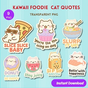 Foodie Cat Clipart PNG Bundle – Funny Food Quotes for Stickers, Planners | Instant Digital Download