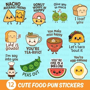 Cute Food Pun Sticker Pack, Kawaii Funny Food Quotes PNG, Adorable Digital Stickers for Planners & Scrapbooking Instant Download