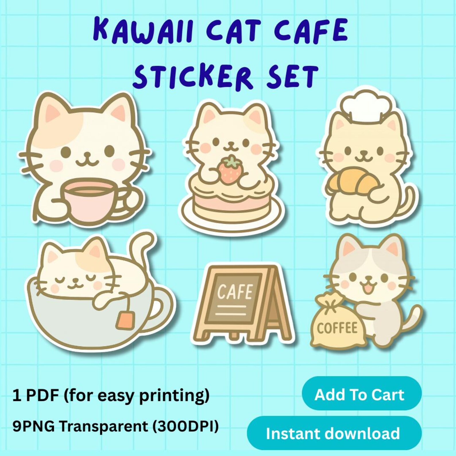 Kawaii Cat Cafe Sticker Set | Planner Stickers (PDF, PNG) - Etsy