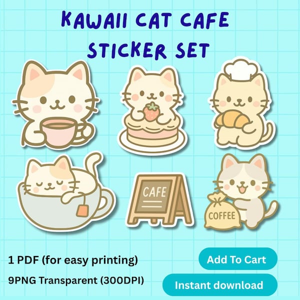Kawaii Cat Cafe Sticker Set | Planner Stickers (PDF, PNG)