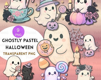 May include: A collection of nine pastel-colored Halloween-themed PNG graphics. The illustrations include smiling ghosts with various accessories like a witch hat, a teacup, and a pumpkin. The text reads "Ghostly Pastel Halloween" and "Transparent PNG".