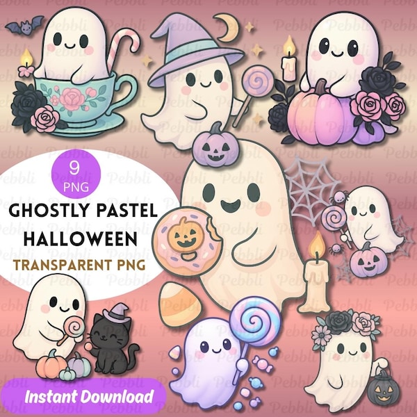 Lot de cliparts fantômes pastel : autocollants PNG Kawaii Halloween (téléchargement numérique