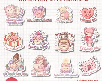 Zoete zelfliefde stickers kawaii pastel clipart zelfzorg png bundel leuke digitale stickers geestelijke gezondheid kunst 300 dpi png 300DPI commercieel gebruik
