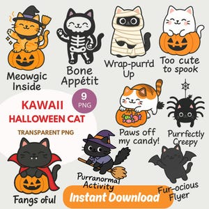 Kawaii Halloween Cat Clipart, Spooky PNG Stickers (Digital Download)