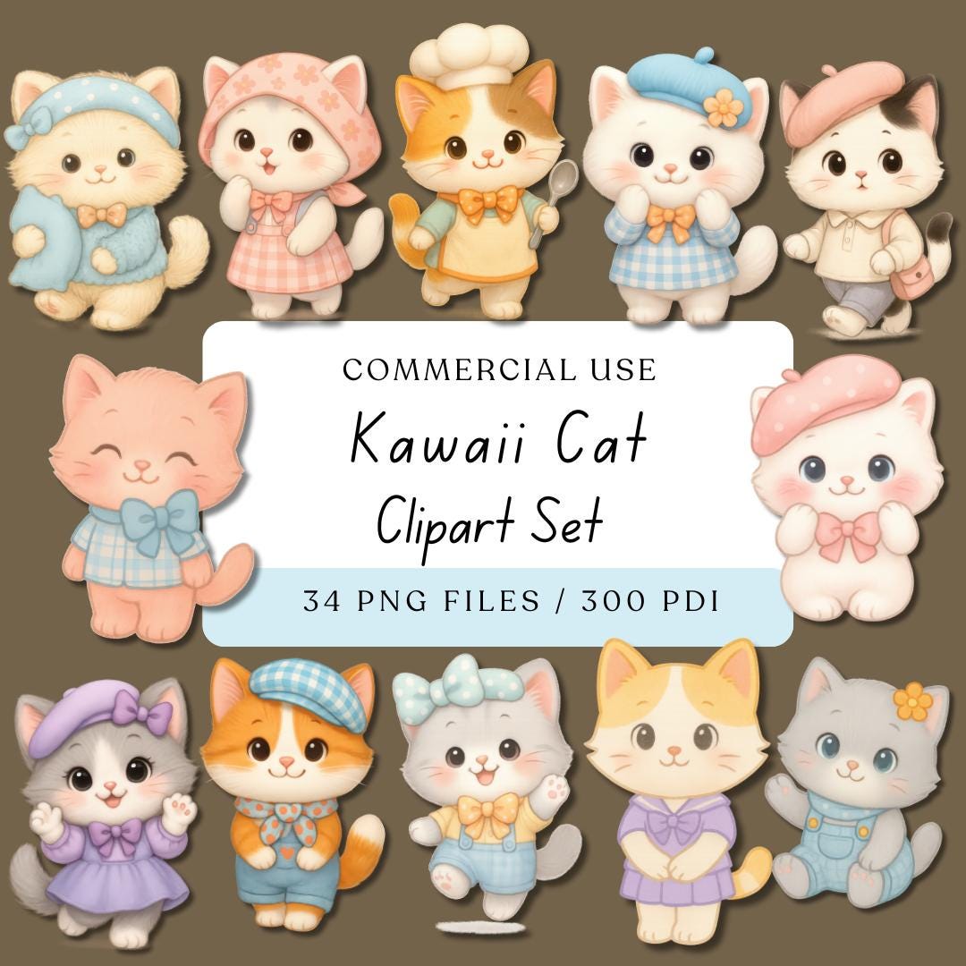 Kawaii Cat Clipart Bundle | Pastel PNG Images (digital Download) - Etsy
