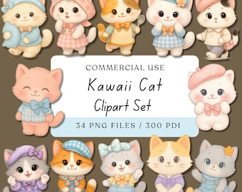 Kawaii Cat Clipart Bundle | Pastel PNG Images (Digital Download)