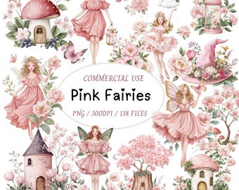 May include: A collection of pink fairies, flowers, and whimsical elements. The image features illustrations of fairies in flowing dresses, mushrooms, a lantern, a witch's hat, and a crescent moon. The text "Pink Fairies" is displayed in the center.