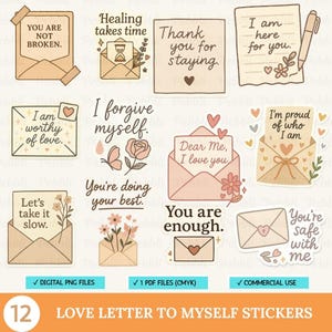 Self Love Sticker Bundle – Positive Affirmation PNGs | Printable for Journals, Planners, Commercial Use