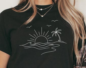 Camiseta minimalista con estampado de playa, camiseta con estampado de puesta de sol en el océano, camiseta sencilla de verano, camiseta estética de playa, camiseta minimalista de vacaciones, camiseta con estampado costero.