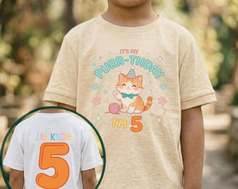 Camiseta de cumpleaños de gato – ¡Es mi gatuno! ¡Cumplo 5 años! – Camiseta de cumpleaños de gatito adorable – Camiseta con nombre personalizado en la espalda – Conjunto para el quinto cumpleaños de niños