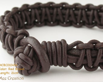 MCBC010454) Genuine Round Braided Leather Chinese Knot Bracelet (21cm / 8 1/4"), Leather Bracelet, Red Brown Leather Bracelet