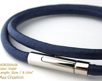 MCBC010426) 4mm Genuine Round Leather with Stainless Steel Circular Clasp Bracelet (21cm / 8 1/4"), Leather Bracelet, Violet Leather