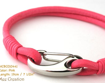 MCBC010441) 3mm Genuine Round Leather with Stainless Steel Shrimp Clasp Bracelet (19cm / 7 1/2"), Leather Bracelet, Pink Leather Bracelet