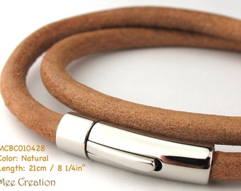 MCBC010428) 5mm Genuine Round Leather with Stainless Steel Circular Clasp Bracelet (21cm / 8 1/4"), Violet Leather Bracelet, Natural Leather