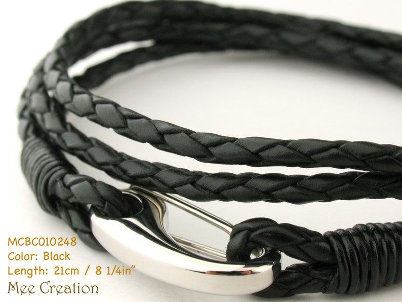 MCBC010250 3mm Genuine Metallic Braided Bolo Leather 316L Stainless Steel Shrimp Clasp Bracelet 19cm / 7 1/2, Leather Bracelet, Pearl Black, 21cm