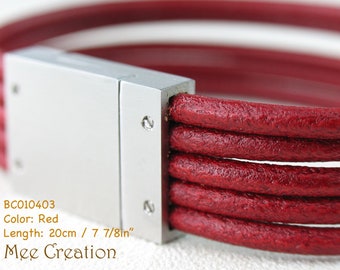 BC010403) Stainless Steel Magnetic Clasp Genuine Italian Leather Bracelet (20cm length), Red Leather Bangle, Armband for him, gift for mom