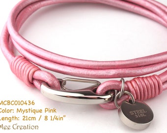 MCBC010436) 3mm Genuine Metallic Round Leather with Stainless Steel Shrimp Clasp with Round Charm Bracelet,Pink,Orange,Grey Leather Bracelet