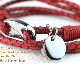 BC010204) 316L Stainless Steel Shrimp with Round Charm Genuine Plait Round Bracelet (21cm length), Leather Bracelet, Reddish Brown Leather