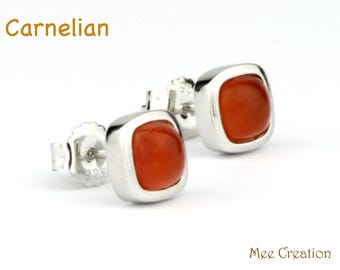 EE26050002) Carnelian Stud Earrings, Carnelian Earrings, Square Cushion Cabochon Earrings, Red Earrings, Healing Crystal