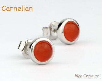 EE26050003) Carnelian Stud Earrings, Carnelian Earrings, Round Cabochon Earrings, Red Earrings, Healing Crystal
