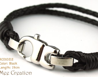 BC010212) 19cm Genuine Plait Braided Bolo Leather Bracelet with Stainless Steel Lobster Clasp, Leather Bracelet, Black Leather Bracelet