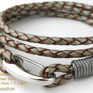 MCBC010250 3mm Genuine Metallic Braided Bolo Leather 316L Stainless Steel Shrimp Clasp Bracelet 19cm / 7 1/2, Leather Bracelet, Pearl Steel Grey, 19cm