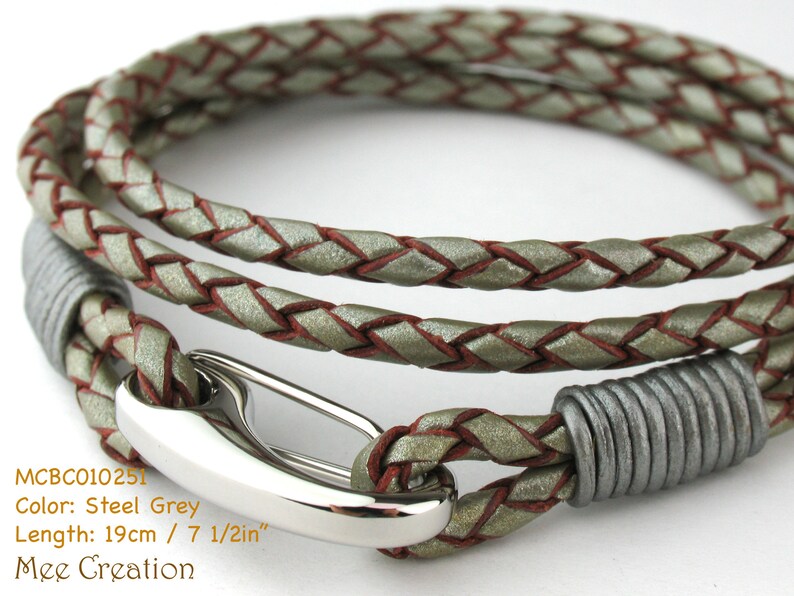 MCBC010250 3mm Genuine Metallic Braided Bolo Leather 316L Stainless Steel Shrimp Clasp Bracelet 19cm / 7 1/2, Leather Bracelet, Pearl Steel Grey, 19cm