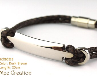 BC010213) 20cm Genuine Plait Braided Bolo Leather Bracelet with Stainless Steel Clasp, Leather Bracelet, Dark Brown Leather Bracelet Armband