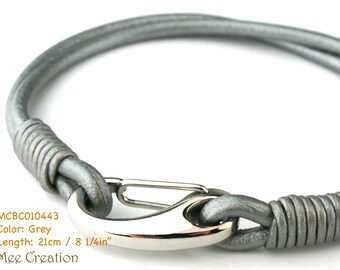 MCBC010443) 3mm Genuine Metallic Round Leather with Stainless Steel Shrimp Clasp Bracelet (21cm / 8 1/4"), Leather Bracelet, Grey Leather