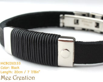 MCBC010133) 10mm Genuine Flat Leather Steel Watch Clasp Bracelet (20cm), Leather Bracelet, Black Leather Bracelet, Black Leather Armbands