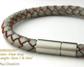 MCBC010267) 6mm Genuine Metallic Braided Bolo Leather Steel Bayonet Clasp Bracelet (21cm / 8 1/4"), Leather Bracelet, Grey Leather Bracelet