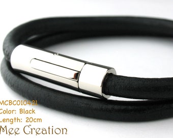 MCBC010421) 5mm Genuine Round Leather with Stainless Steel Circular Clasp Bracelet (20cm), Leather Bracelet, Black Leather Bracelet