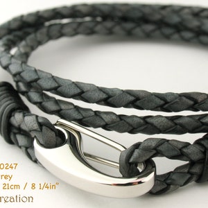 MCBC010250 3mm Genuine Metallic Braided Bolo Leather 316L Stainless Steel Shrimp Clasp Bracelet 19cm / 7 1/2, Leather Bracelet, Pearl Grey, 21cm