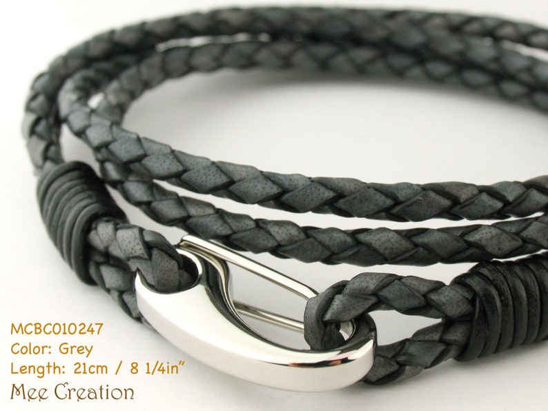 MCBC010250 3mm Genuine Metallic Braided Bolo Leather 316L Stainless Steel Shrimp Clasp Bracelet 19cm / 7 1/2, Leather Bracelet, Pearl Grey, 21cm