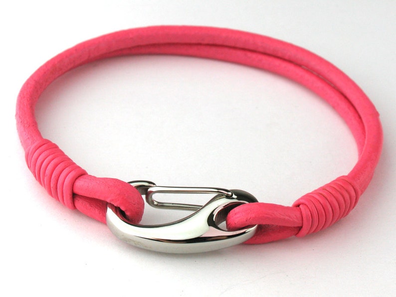 MCBC010441 3mm Genuine Round Leather with Stainless Steel Shrimp Clasp Bracelet 19cm / 7 1/2, Leather Bracelet, Pink Leather Bracelet image 2