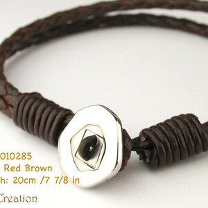 MCBC010285 3mm Genuine Braided Bolo Leather 316L Stainless Steel Button Clasp Bracelet 20cm / 7 7/8, Leather Bracelet, Red Brown Leather Red Brown