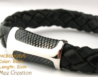 MCBC010309) 12mm Genuine Flat Bolo Leather Steel Magnetic Clasp Bracelet (21cm), Leather Bracelet, Black Leather Bracelet