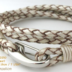 MCBC010250 3mm Genuine Metallic Braided Bolo Leather 316L Stainless Steel Shrimp Clasp Bracelet 19cm / 7 1/2, Leather Bracelet, Pearl Pearl, 19cm