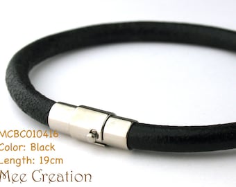 MCBC010416) 5mm Genuine Round Leather with Stainless Steel Clasp Bracelet (19cm), Leather Bracelet, Black Leather Bracelet