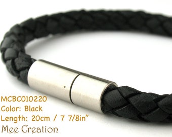 MCBC010220) 6mm Genuine Braided Bolo Leather Steel Bayonet Clasp Bracelet (20cm), Leather Bracelet, Black Leather Bracelet Armband