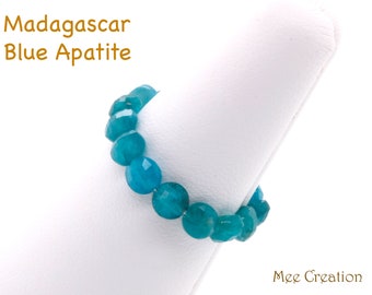 RIB02CCO0401) Madagascar Blue Apatite Eternity Stretch Ring, Dainty Blue Apatite Elastic Ring, meditation, throat chakra, healing ring