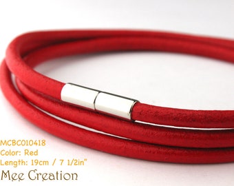 MCBC010418) 3mm Genuine Round Leather with Stainless Steel Magnetic Clasp Bracelet (19cm), Leather Bracelet, Red Leather Bracelet