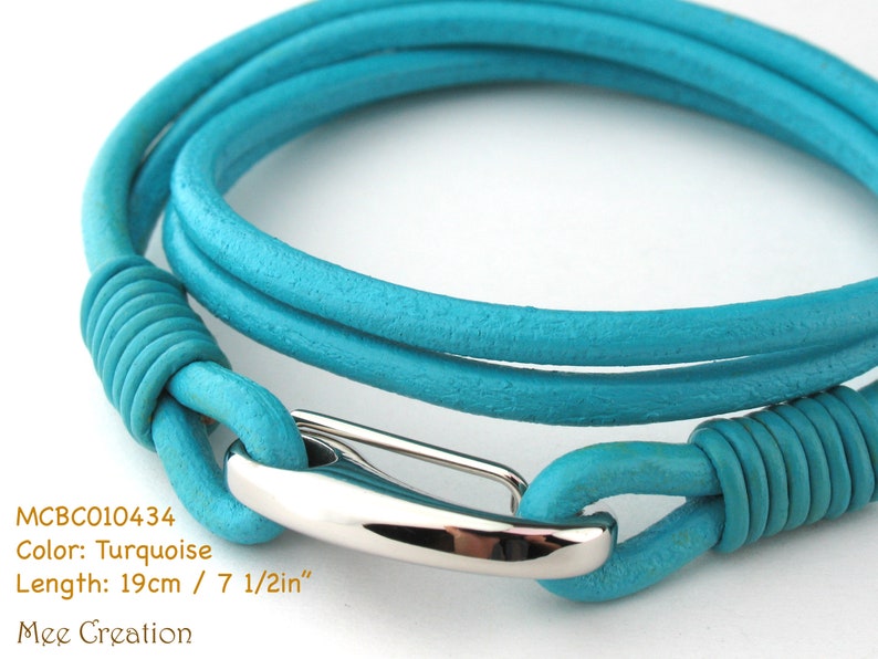 MCBC010434 3mm Genuine Round Leather with Stainless Steel Shrimp Clasp Bracelet 19cm / 7 1/2, Leather Bracelet, Blue Turquoise Leather Turquoise, 19cm