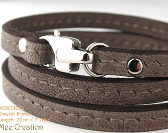 Flat Leather Greyish Brown Leather Bracelet for women, Stainless Steel Lobster Clasp Leather wrap Bracelet for men, birthday gift for mom