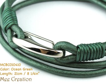 BC010410) 316L Stainless Steel Shrimp 3mm Genuine Metallic Round Leather Bracelet (21cm length), Leather Bracelet, Ocean Green Leather