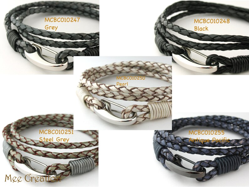 MCBC010250 3mm Genuine Metallic Braided Bolo Leather 316L Stainless Steel Shrimp Clasp Bracelet 19cm / 7 1/2, Leather Bracelet, Pearl image 8