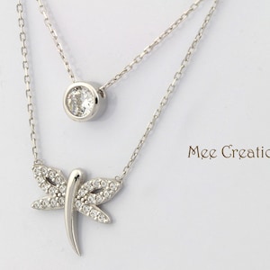 NE305003WG) 925 Sterling Silver White Gold Vermeil Pave Dragonfly and bezel set diamond Layered Necklace white CZ Diamond Necklace